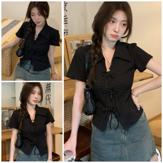 Áo kiểu buộc dây nơ có cổ chất xốp nhăn- Sơ mi dáng baby tee form vừa người bánh bèo tiểu thư hàn quốc 3 màu đẹp