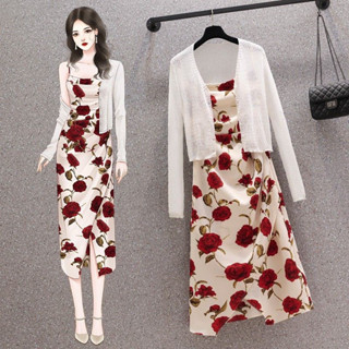 (SHOP BIGSIZE NỮ 50KG ĐẾN 90KG) set đầm body hoa hồng đỏ phối kèm áo cardigan