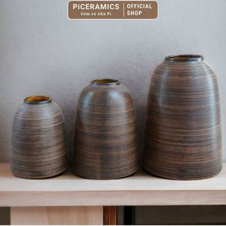 Bình cắm hoa dáng chuông gốm Bát Tràng màu nâu mộc, cao 21cm/26cm/32cm