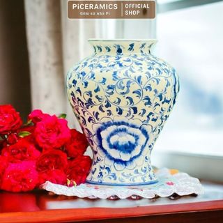Lọ hoa men lam cao cấp gốm Bát Tràng, hoạ tiết vẽ hoa dây, cao 27cm miệng 13cm