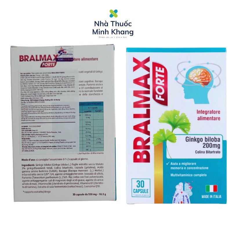 Viên Bổ Não Bralmax- Nhập Khẩu ITALIA Hỗ trợ thông mạch, hoạt huyết, giảm đau đầu, biến chứng mạch máu não.Hộp 30 viên