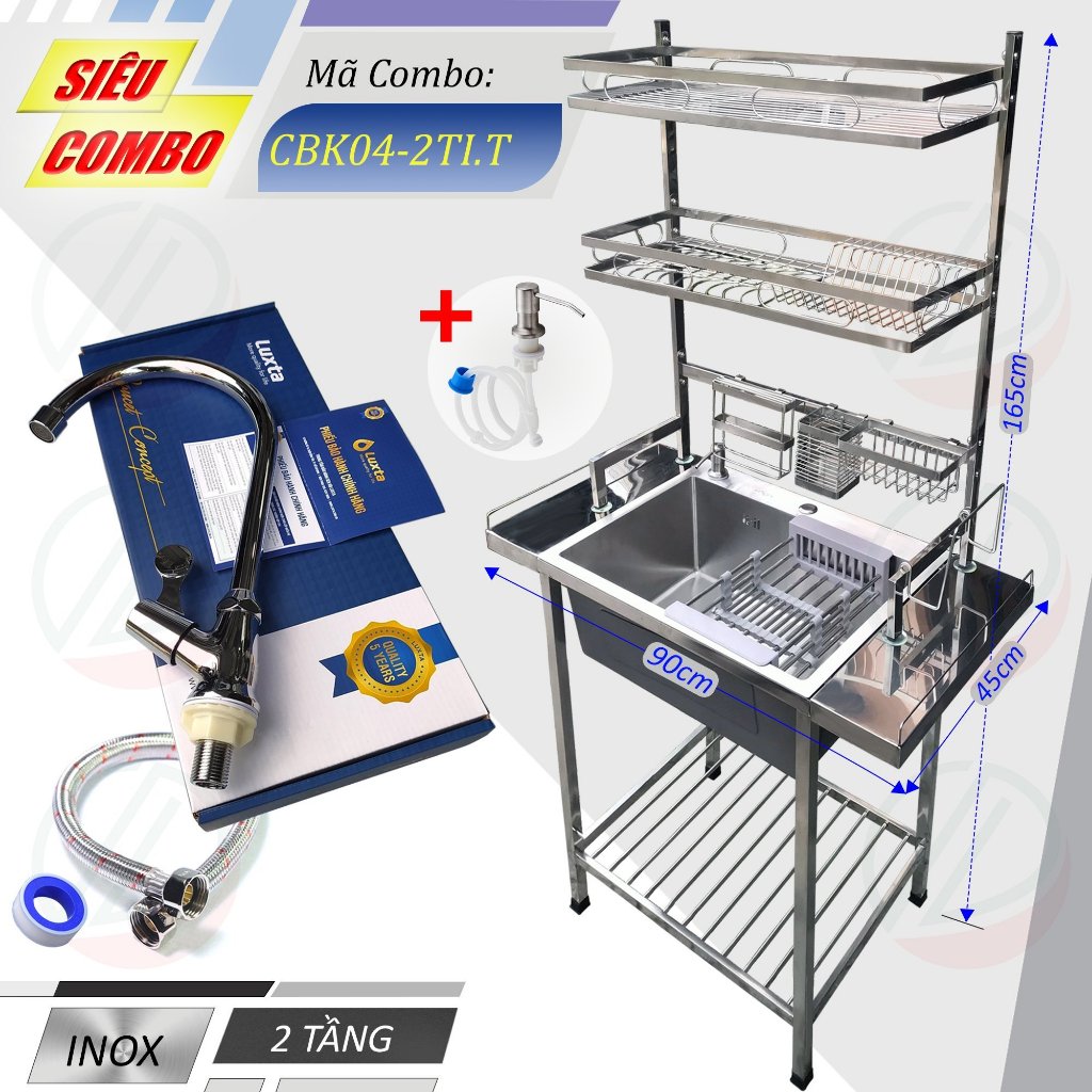 COMBO Chậu Inox 1 Hộc Có Chân Kèm Kệ Úp Chén Đa Năng - Gồm chậu, chân, kệ úp chén 1 tầng hoặc 2 tầng, vòi Luxta lạnh,..