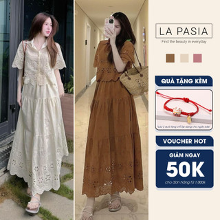 Set Váy Tiểu Thư Chất Thô Boi Mềm LP68 Đầm Hoa Lỗ Ren Dáng Dài Thanh Lịch Nhẹ Nhàng Thiết Kế Mềm Mại Cao Cấp