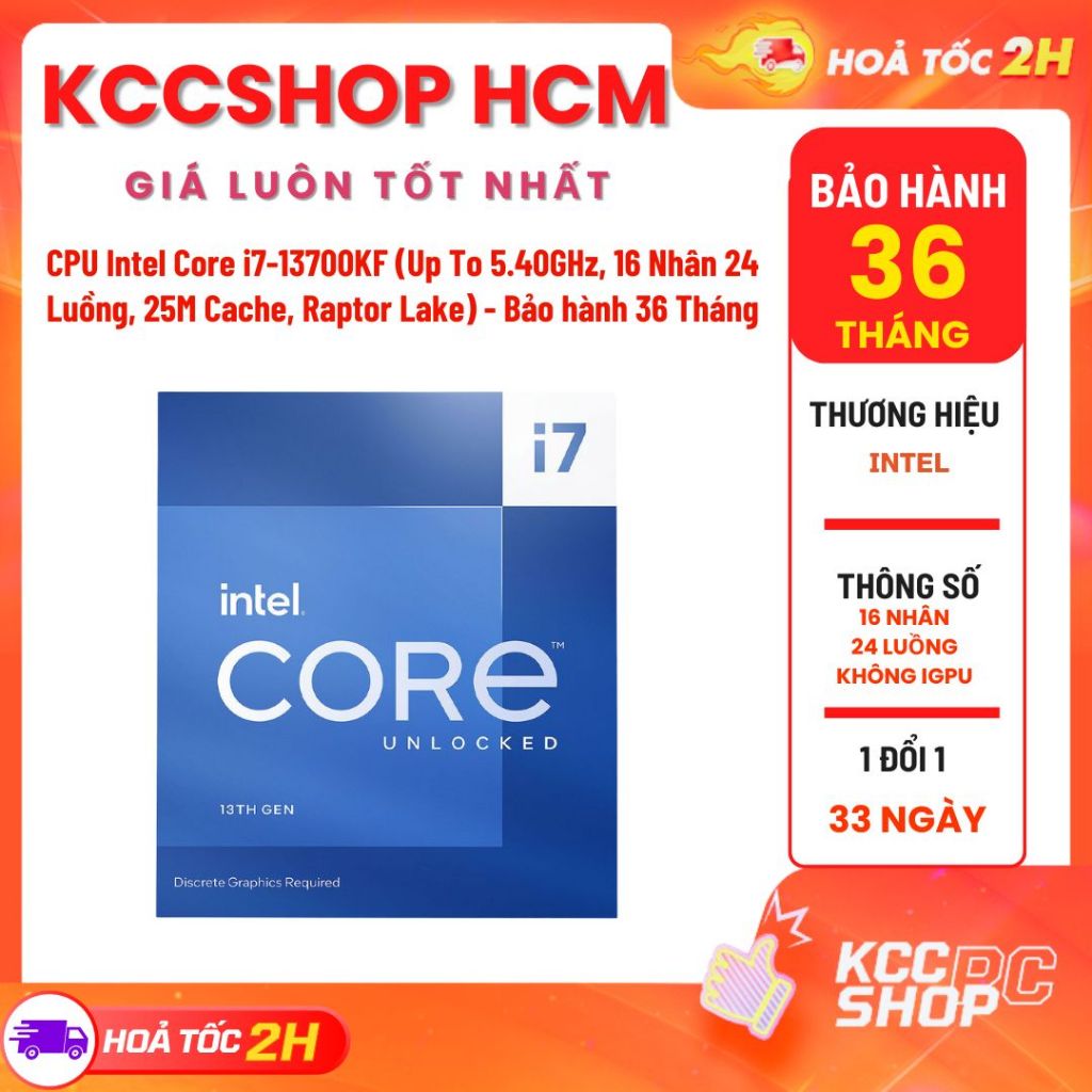 CPU Intel Core i7-13700KF (Up To 5.40GHz, 16 Nhân 24 Luồng, 25M Cache, Raptor Lake) - Bảo hành 36 Tháng
