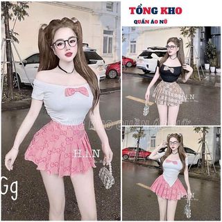 Set váy sang chảnh, tiểu thư cho nàng đi chơi, chụp ảnh, set áo hở vai tay ngắn viền phối chân váy xêp ly GC - TONGKHO