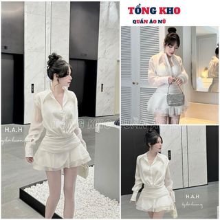 Set áo sơ mi voan cổ đức dài tay kèm chân váy bèo nhún cực xinh thời trang bánh bèo hàn quốc - TONGKHO
