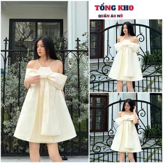 Váy Babydoll Cổ Yếm Trễ Vai Nơ Bản To Chất Tafta 2 Lớp Màu Kem Tiểu Thư Nhẹ Nhàng Phong Cách Mùa Hè - TONGKHO