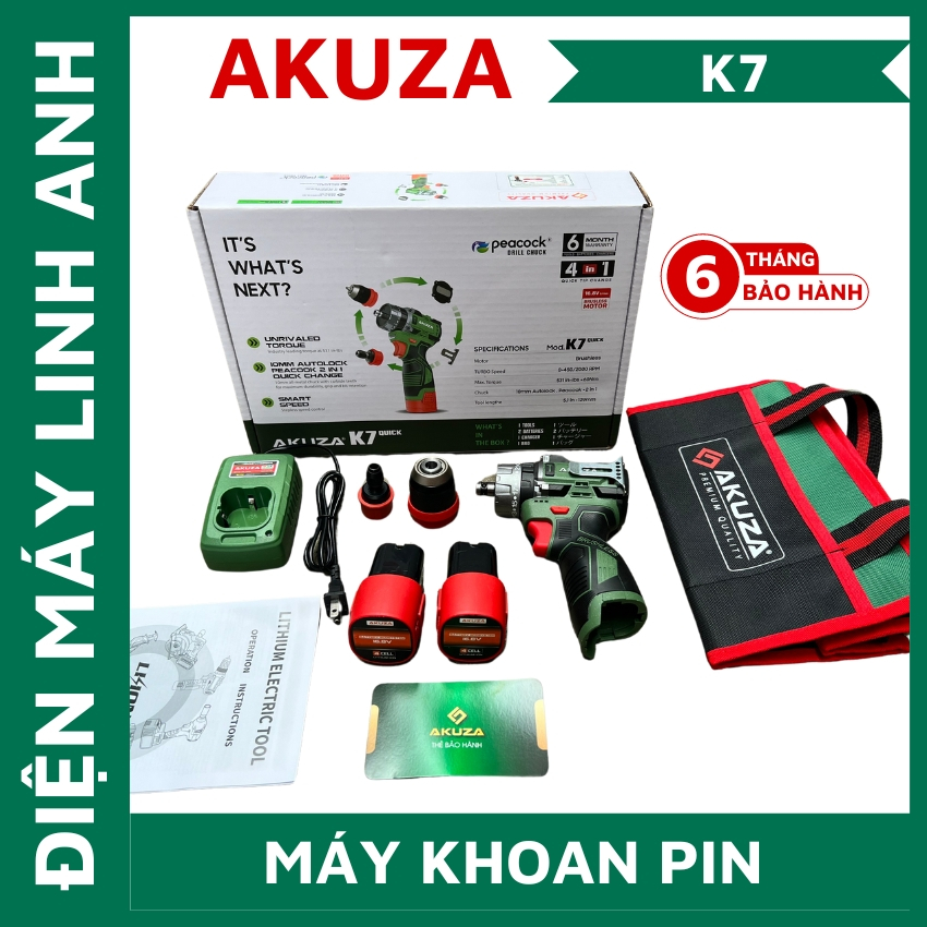 (Màu xanh lá ) Máy khoan pin và cấp vít trượt 4 trong 1 Akuza K7 đầu kẹp 10 ly autolock có thể tháo 