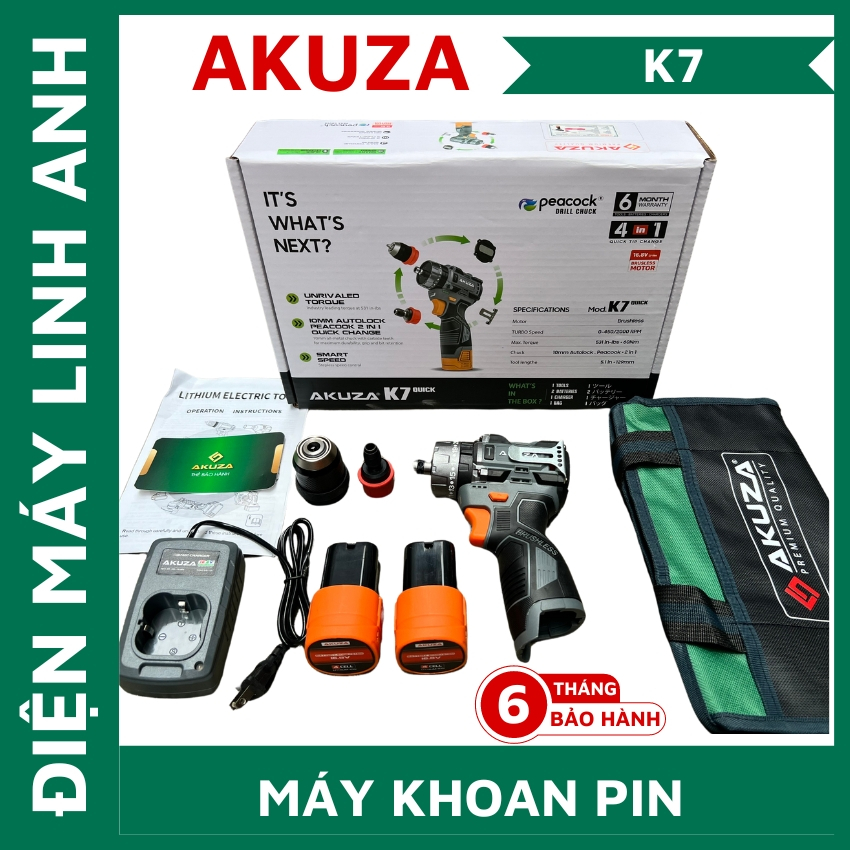 (Màu xám ) Máy khoan pin và cấp vít trượt 4 trong 1 Akuza K7 đầu kẹp 10 ly autolock có thể tháo rời,