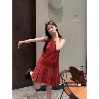 (ORDER) Váy ba lỗ xòe suông xòe xếp ly to điệu đà thắt nơ sau lưng màu đỏ/xanh than đáng yêu hàng QC cao cấp