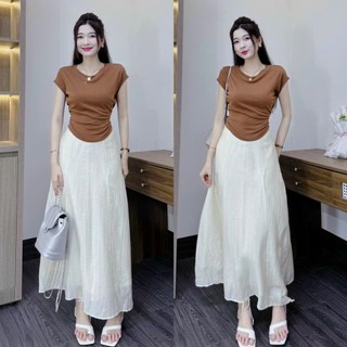 Set chân váy maxi dáng xòe chất tơ 2 lớp mix áo thun gân nhún eo xinh xắn, đáng yêu