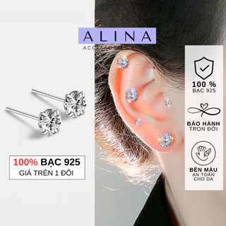 Bông Tai Bạc Ta Nguyên Khối Đính Đá CZ 6A Khuyên Nụ Đá Nam Nữ Đơn Giản   0397