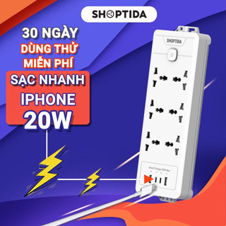 Ổ cắm điện đa năng Shoptida sạc nhanh cho lphone PD 20W 2 cổng typeC, có 6 lỗ cắm tải 2500W, 1 đổi 1 36 tháng chính hãng