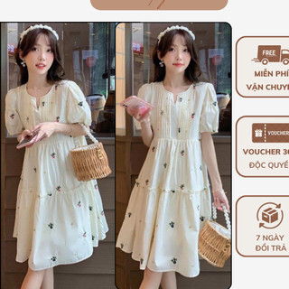 đầm bầu dáng babydoll hoa nhí tay bồng, kiểu dáng Hàn Quốc họa tiết hoa vintarget