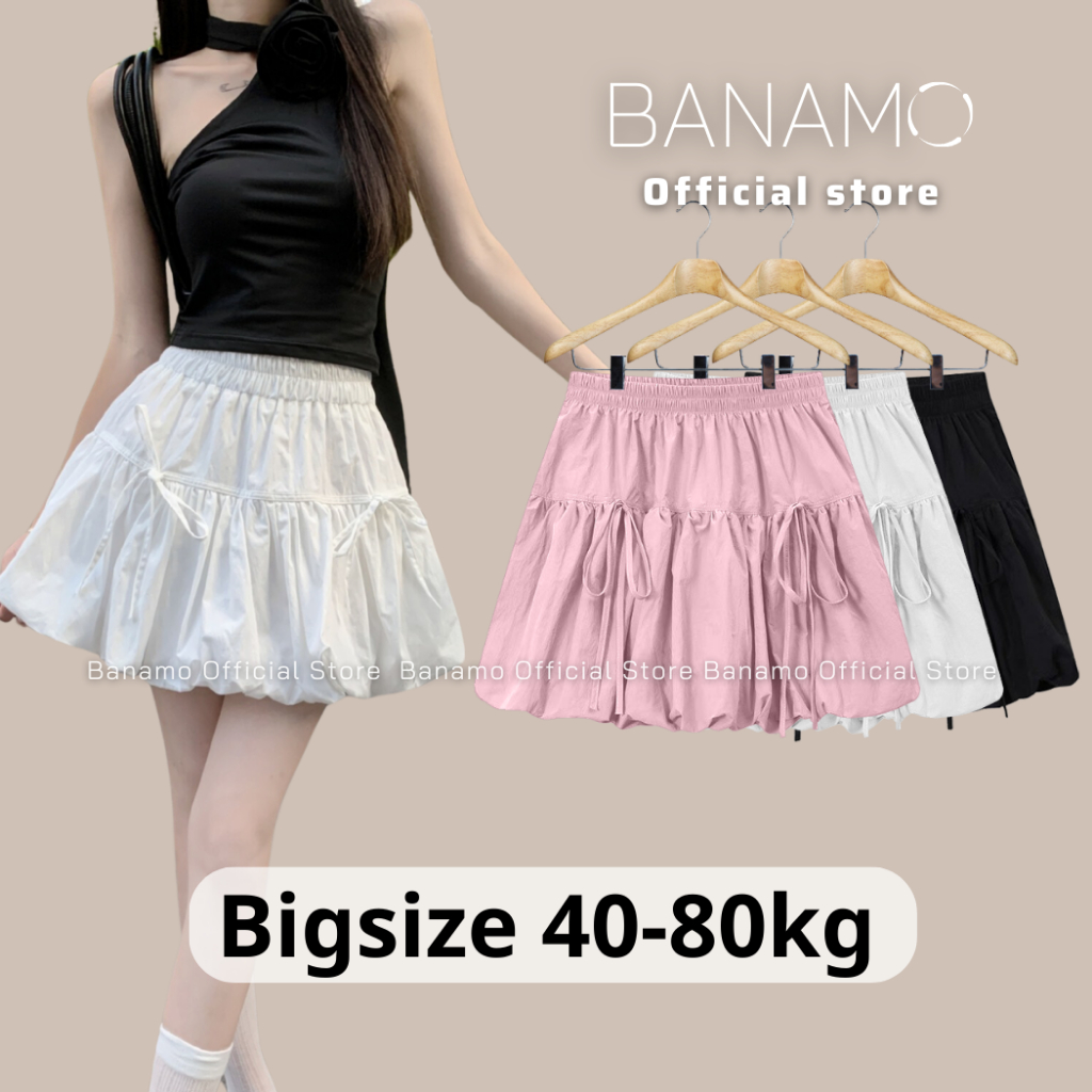 Chân váy nữ Banamo Fashion chân váy bí ngô ngắn dáng phồng 2 tầng buộc nơ chất gió mềm 5930