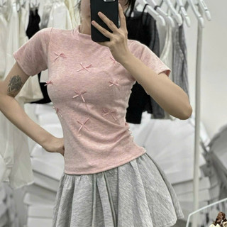 Áo đính nơ cổ tròn vạt ngang - áo kiểu tay ngắn basic nhẹ nhàng xinh xắn