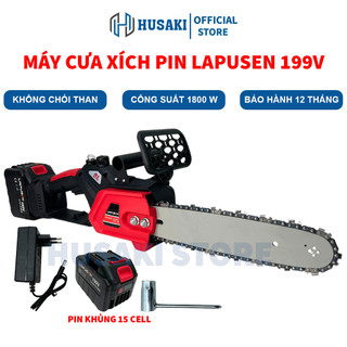 Máy cưa xích pin cầm tay KHÔNG CHỔI THAN LAPUSEN 199V pin 15 cell cưa gỗ mini dùng pin công suất lớn bảo hành 12 tháng