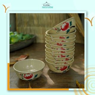 (1 cái) tô đựng canh, cơm vẽ họa tiết bông xanh-đỏ, lớn- nhỏ- Vườn Nhà GỐm