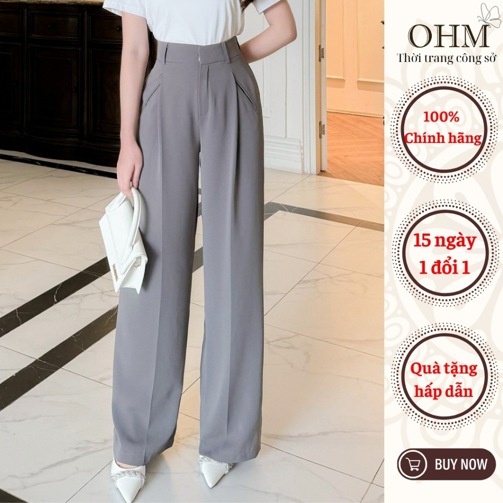 Quần ống suông túi tréo cắt moi OHM Q17 quần ống suông công sở vải trượt Ý túi moi giả thanh lịch sa