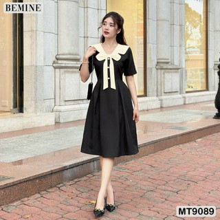 Đầm thiết kế cổ phối nơ đính nút dáng xòe BEMINE MT9089