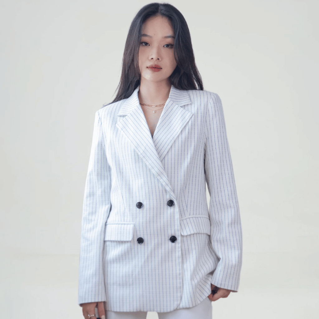 Áo vest nữ blazer KHÀN sọc kẻ màu trắng khoác công sở thời thượng 4 nút 2 lớp phong cách Hàn Quốc