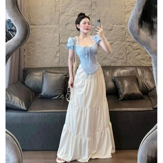 Set chân váy tầng trắng áo xanh - hàng qc cao cấp