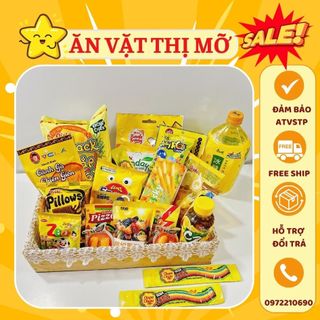 Set đồ ăn vặt màu vàng, concept trang trí đồ ăn vặt, ăn vặt thị mỡ