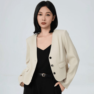 Áo blazer nữ áo vest nữ không cổ Khàn màu kem croptop trẻ trung thanh lịch công sở tay dài 1 lớp phong cách Hàn Quốc