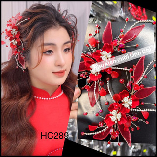 Hoa cài tóc cô dâu màu đỏ, phụ kiện tóc cô dâu