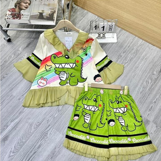 Pijama lụa nữ ngắn tay mặc nhà cao cấp, đồ ngủ pijama tiểu thư lụa xước ánh kim phối voan họa tiêt siêu xinh