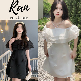 Váy trễ vai đính đá dáng ngắn xoè siêu xinh, đầm tiểu thư trễ vai chất tafta dáng chữ A tại Ranstore
