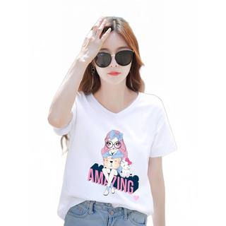 Áo thun nữ cổ tim form rộng in hình cô gái chất vải cotton 4 chiều mịn mát - mã ANU1100