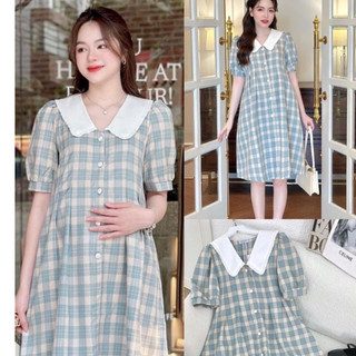 Đầm bầu, váy bầu cộc tay caro công sở dáng suông M09, đầm bầu dáng dài