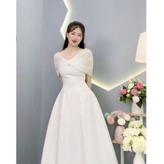 Váy Trắng Trễ Vai Xoắn Ngực Dự Tiệc Chất Taffa Phối Tơ V527 Size S M L XL AĐ BOUTIQUE