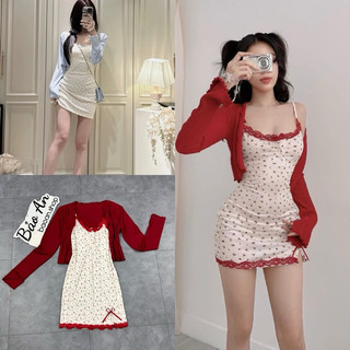 Sét áo khoác tay dài và đầm 2 dây phối ren