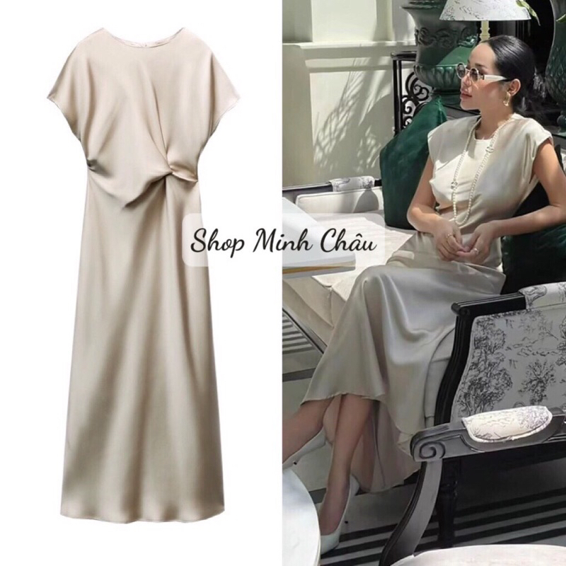 (Sẵn) Váy midi lụa tay hến xoắn eo Zarraa
