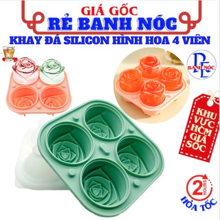 Khay Làm Đá Silicon 4 Viên Hình Hoa Hồng Có Nắp Đậy Kháng Khuẩn - Khuôn Làm Đá, Làm Thạch Chịu Nhiệt