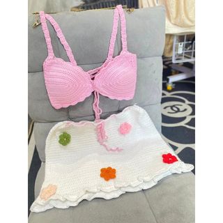 Set bikini len đi biển áo hồng + váy trăng kem siêu đẹp - bikini len - crochet