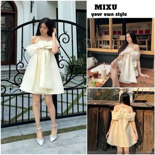 Váy taffta thiết kế cổ yếm, nơ to trễ vai - Đầm xòe dáng chữ A siêu sang, phong cách thời trang nữ - MIXU V162