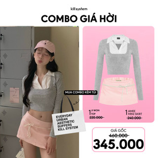  Mua 1 Áo thun Croptop Ji Won xám + 1 Chân váy AMee hồng thắt nơ Kill System
