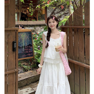 [DN10-sẵn hàng] Set áo hai dây cánh tiên xếp li ngực kèm chân váy dáng dài phối ren phong cách Vintage Hàn Quốc