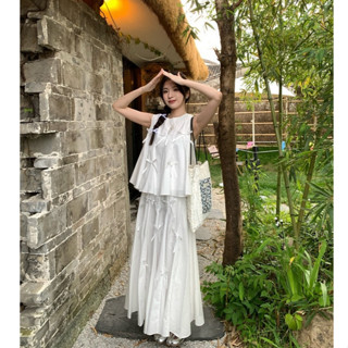 [TT08-sẵn hàng] Set váy áo ba lỗ xếp li cổ tròn đính nơ kèm chân váy dáng dài phong cách Vintage Hàn Quốc