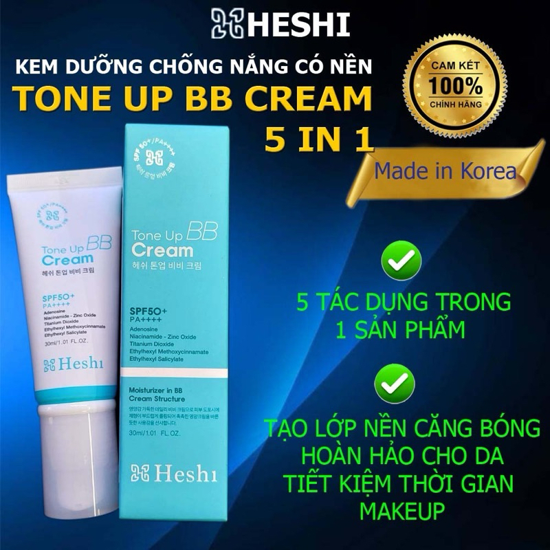 Kem dưỡng chống nắng có nền Heshi Tone Up BB Cream 30ml với 5 công dụng, chống nắng, kem nền