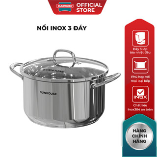 Nồi Inox 3 đáy Sunhouse SHG301 - 16/20/24/28cm - Dùng cho mọi loại bếp - Đáy 3 lớp - Hàng chính hãng