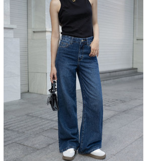 HASHTAGEM - Quần Jeans Nữ Loose Jeans Prussian Blue LSJ.17, Ống Rộng Lưng Cao, Màu Xanh Đậm Wash Bạc Đùi Tinh Tế