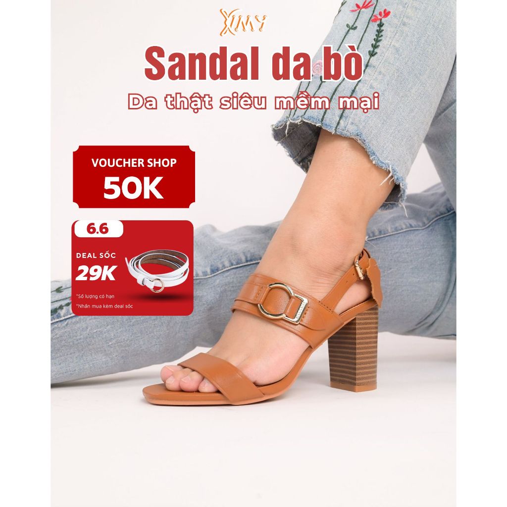 Sandal nữ đế cao, giày cao gót nữ hai quai ngang họa tiết chữ C khuy cài tiện lợi gót trụ 8,5cm hàng VNXK - Kimy Shoes