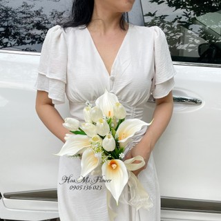 HOA CƯỚI CẦM TAY CÔ DÂU HOA RUM CALLA LILY, HOA CƯỚI TULIP LỤA GIÁ TỐT, PHỤ KIỆN CHỤP HÌNH