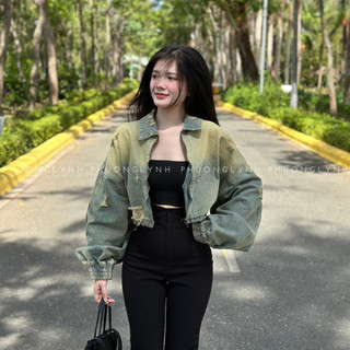  Khoác jean nữ croptop  áo khoác jean nữ tay phồng  áo khoác nữ chất jean dạng lửng PLA295 - PHUONG LYNH SHOP 
