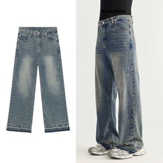 Quần jean nam baggy dáng rộng, dài cạp trễ đáy thụng dirt wash xả lai Brokeboiz