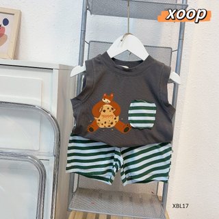 Bộ ba lỗ XOOP cotton lụa  có túi giả,quần kẻ cotton 100% in họa tiết  dễ thương cho bé (10-26kg) XBL17,  Phúc Yến